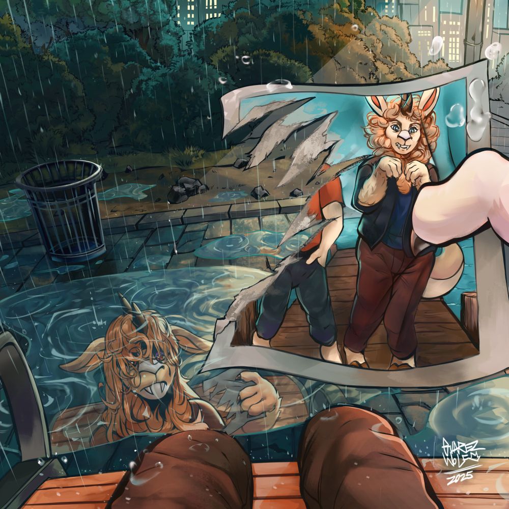 Pumpkin, a lapicorn (hybrid of bunny, lion, and unicorn), looking at an old photo of herself halfway between human and animal. A claw slash has covered up who is next to her in the photo on a lake pier, and then she takes a look down at her reflection in a puddle next to a bright building from a bench seeing the difference. Her mane is sopping wet and not curly from the rain, a gloomy look on her.