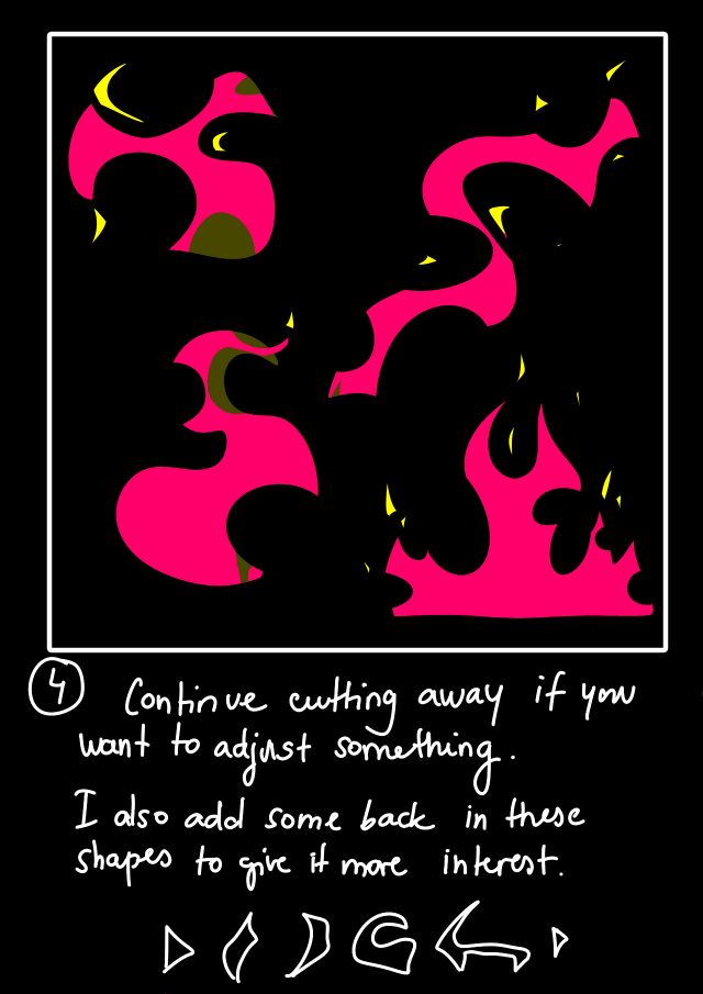 Fourth part. Top image shows same shapes with slight differences. Some flames had more circular parts cut out and have been edited slightly. There were also scattered shapes added to mimic small flame details. Text underneath reads: 'Continue cutting away if you want to adjust something. I also add some back in the shapes to give it more interest.' Sketches underneath the text show various shapes that can be added to the larger flame shapes. 
