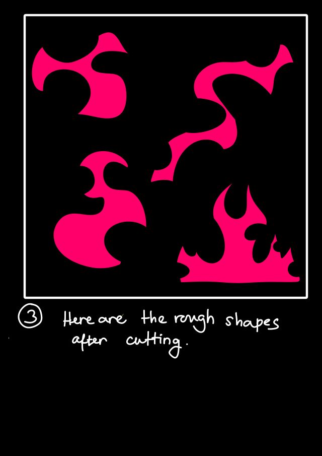 Third part. This image shows edited flame shapes with the circled areas cut out. Text reads: 'Here are the rough shapes after cutting.' 