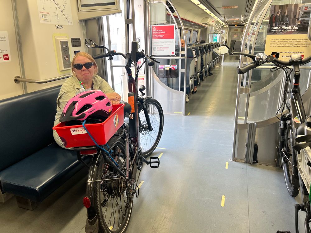 Stacy and bikes on a train