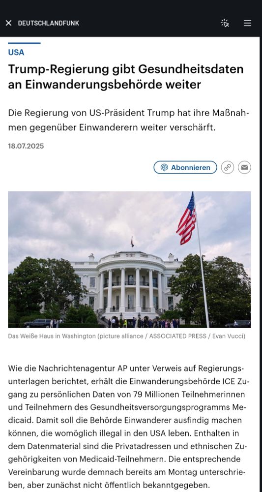 Artikel Deutschlandfunk: "Trump Regierung gibt Gesundheitsdaten an Einwanderungsbehörde weiter"