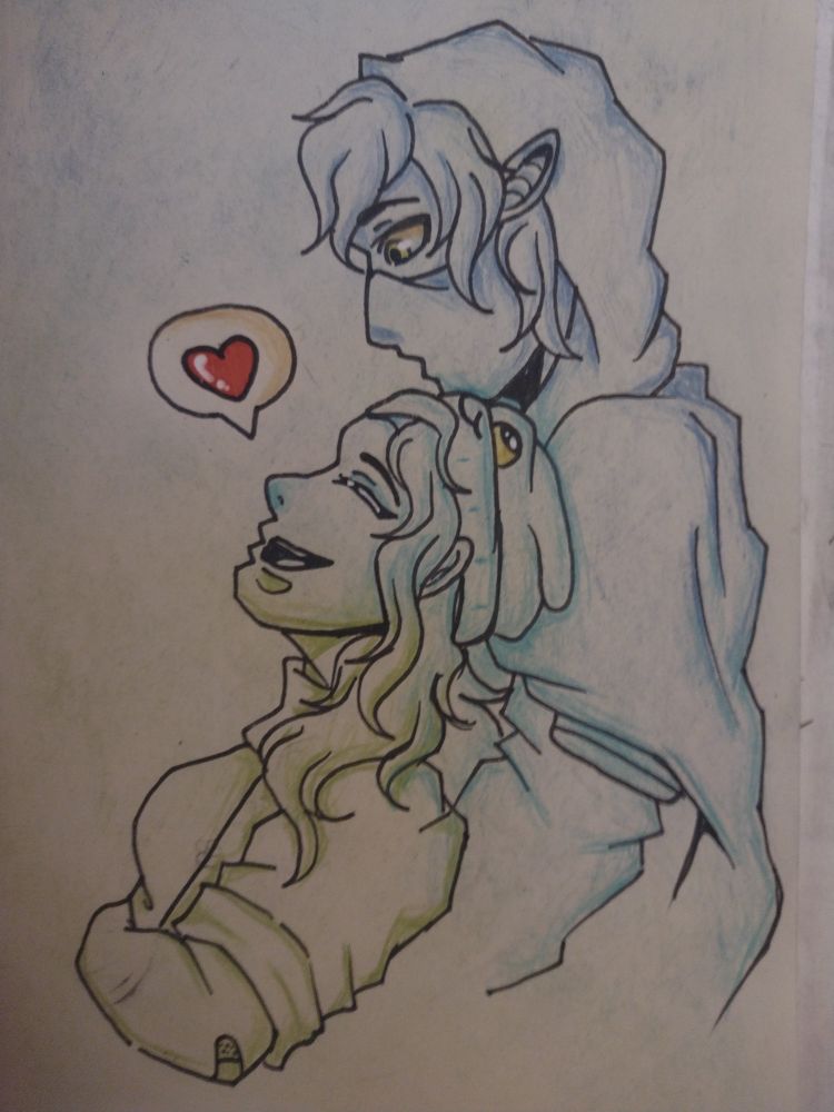  Foto de um desenho feito no tradicional com uma mulher em verde, deitada contra um homem em cores azuis, com uma mesclagem de cor entre eles