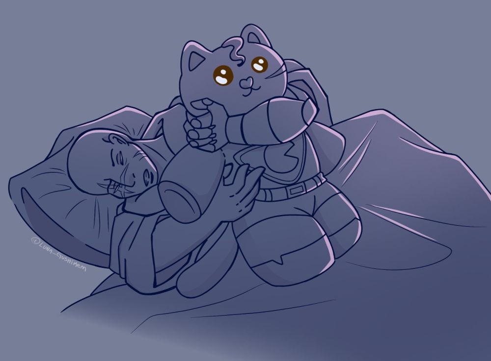 Desenho feito apenas com cores sólidas. O primeiro personagem está deitado, adormecido, enquanto segura uma enorme pelúcia de gato fantasiado como o homem que ama