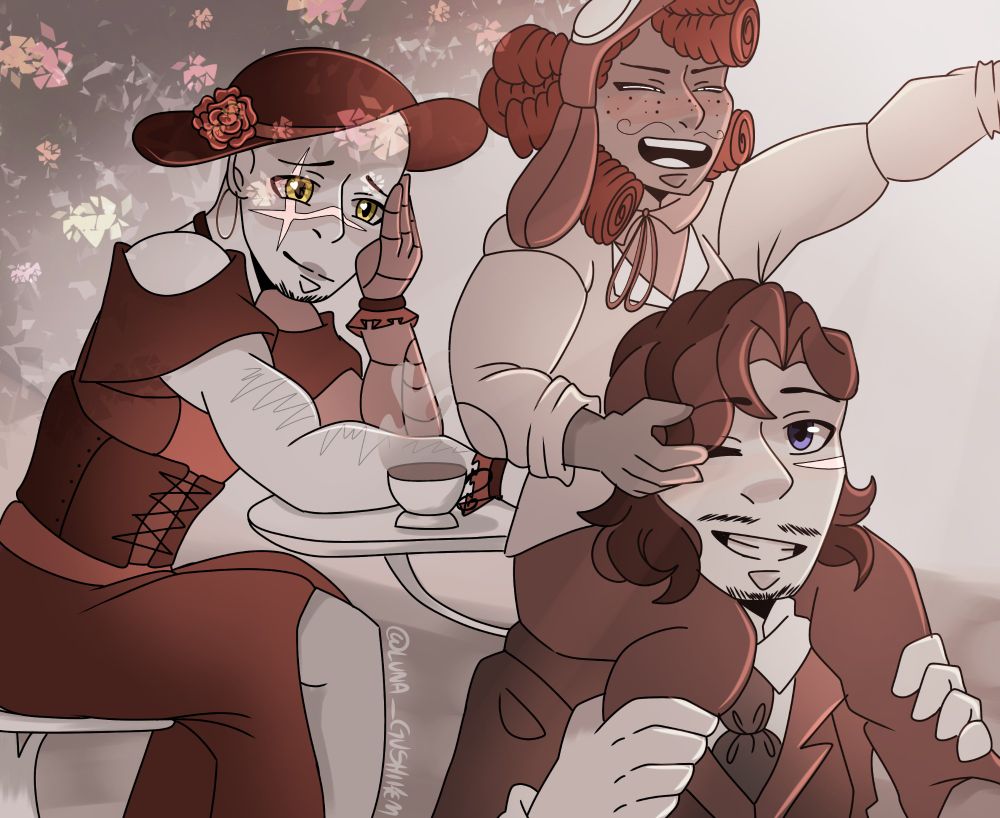 MM!Fit sentado com uma xícara de chá, com olhos amorosos olhando mm!Pac brincar e se divertir com mm!Ramon. Pintado em tons de vermelho com alguns pontos coloridos