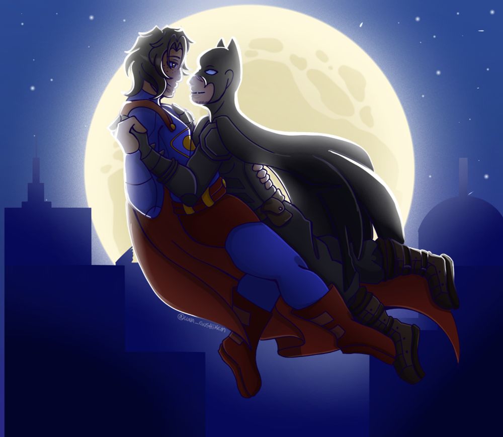 !Pac como Superman(esquerda) segurando !Fit como Batman(direita) enquanto estão voando no céu noturno da cidade