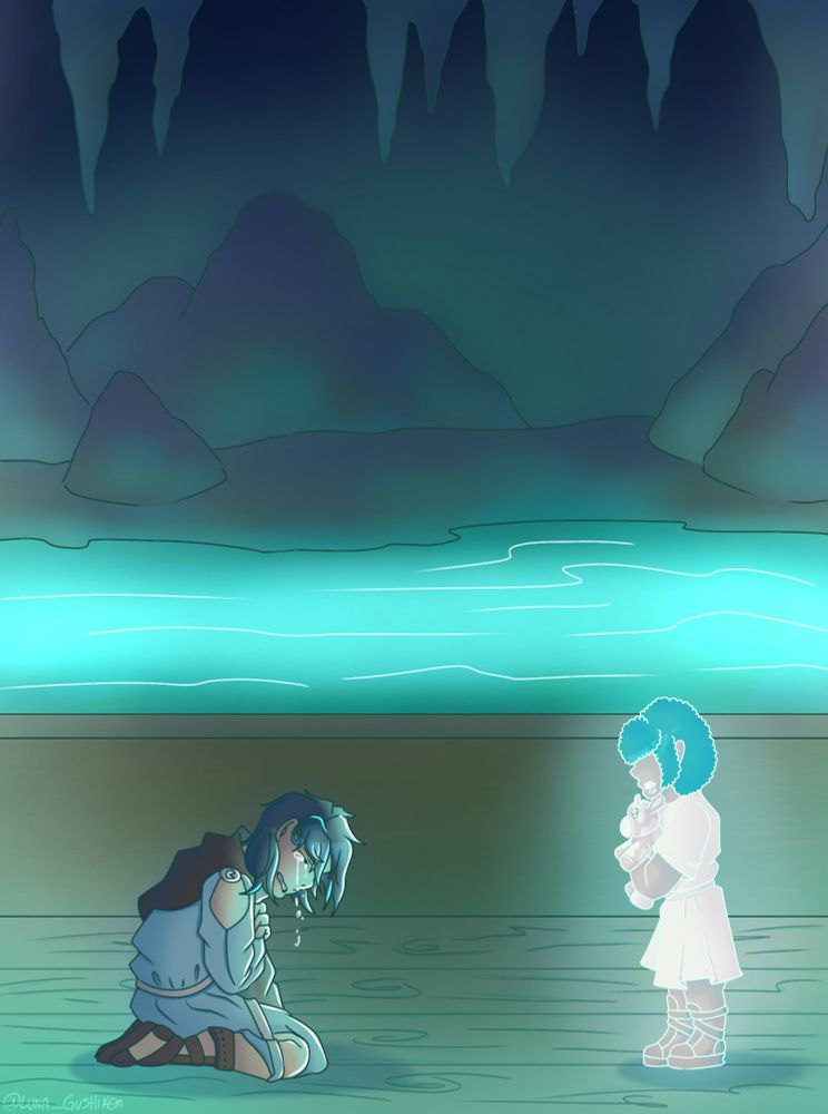  !Pac está ajoelha com muita tristeza para a alma de seu filho, Richas, enquanto estão na proa de um barco enquanto passar por uma caverna escura com iluminação fluorescente ciano. Inspirado no Musical Epic
(Versão sem texto)