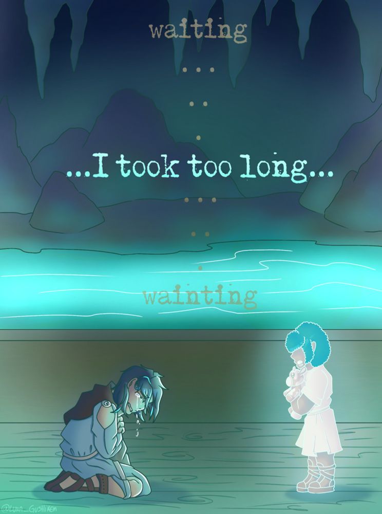  !Pac está ajoelha com muita tristeza para a alma de seu filho, Richas, enquanto estão na proa de um barco enquanto passar por uma caverna escura com iluminação fluorescente ciano. Inspirado no Musical Epic