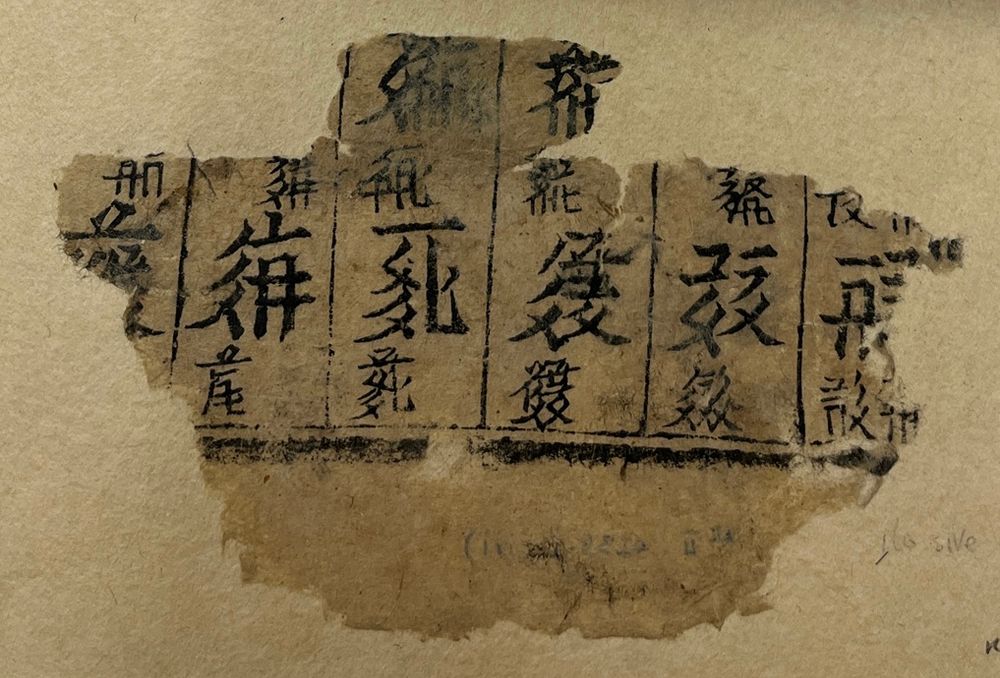 Fragment of folio 56A of the B version of the Tangut Homophones text held at the British Library, showing twelve partial entries with eight complete or partial head characters. The partial head character on the bottom right is identified and proposed for encoding in the linked document.