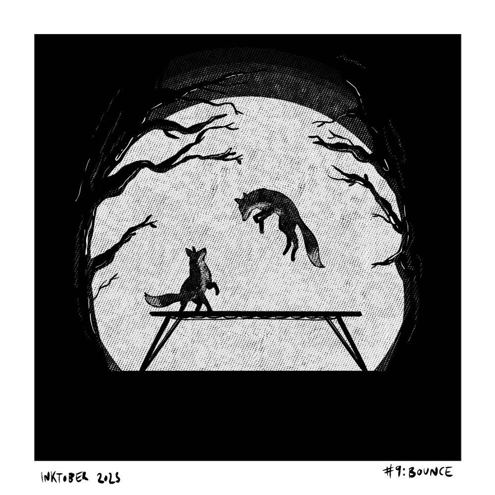 A greyscale illustration of two little foxes playing on a trampoline, silhouetted against a full moon and tree arms