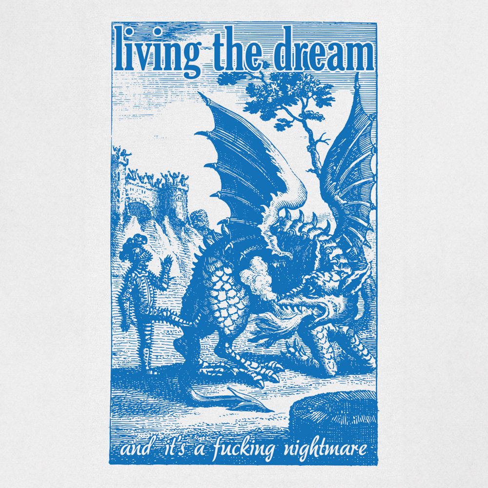 A white t shirt with a front print in blue. The print is an old gravure style illustration of a knight kicking a dragon. There is text along the top and bottom, which reads:
Living the dream

And it’s a fucking nightmare