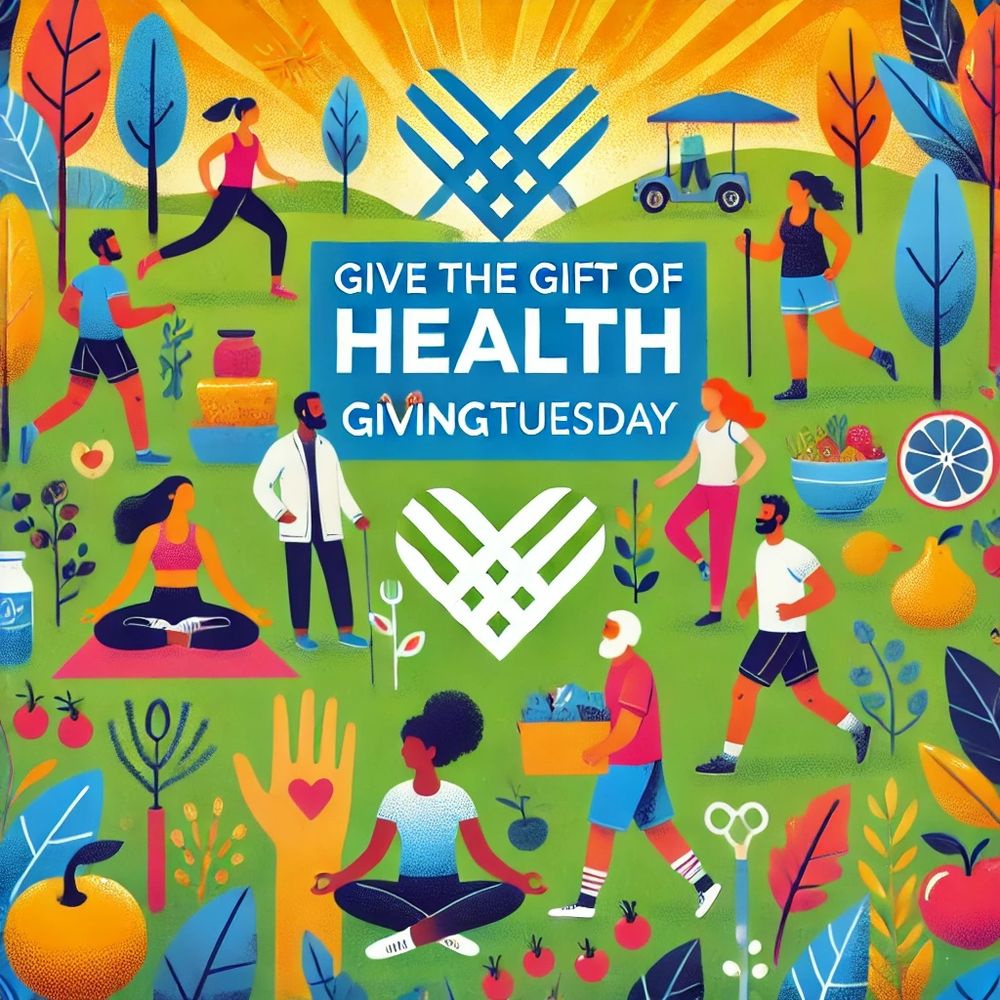 An illustration showing a diverse group of people engaging in health-related activities like yoga, running, gardening, and cooking, set in a lush outdoor environment. The image emphasizes wellness and giving, with symbols of kindness such as hands holding a heart and the text 'Give the Gift of Health' displayed prominently.