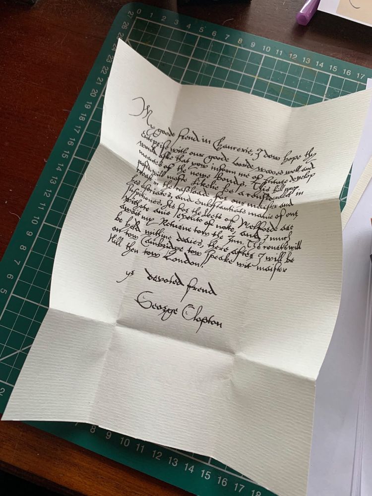 A new letter in 16th c hand on new old fashioned paper signed George Clopton