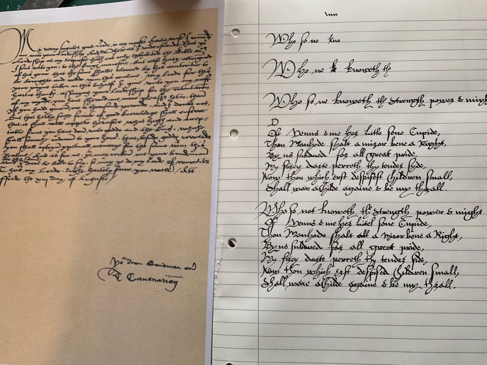 A facsimile 16th c letter next to a page of similar writing on modern A4 paper 