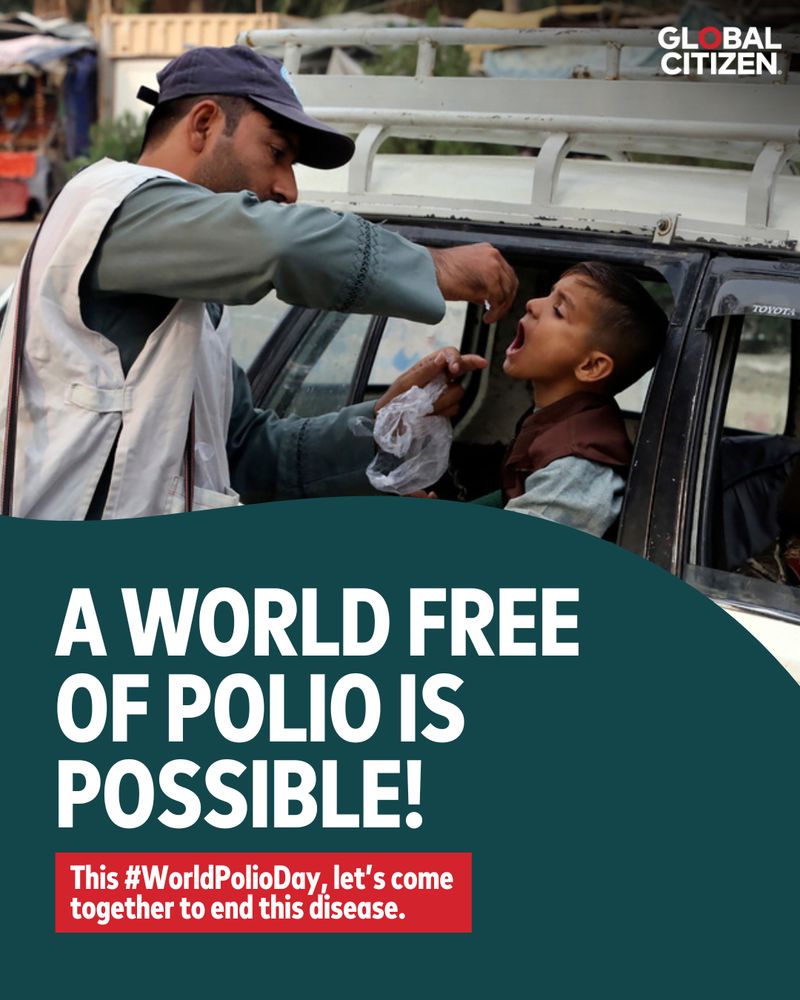 World Polio Day poster with image of doctor giving the oral vaccine to a child
