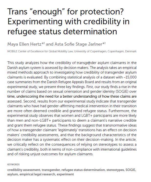 Image of front page of article.
Title: Trans "enough" for protection? Experimenting with credibility in refugee status determination
Authors: Maya Ellen Hertz & Asta Sofie Stage Jarlner
Abstract: Accessible version available open-access via link
