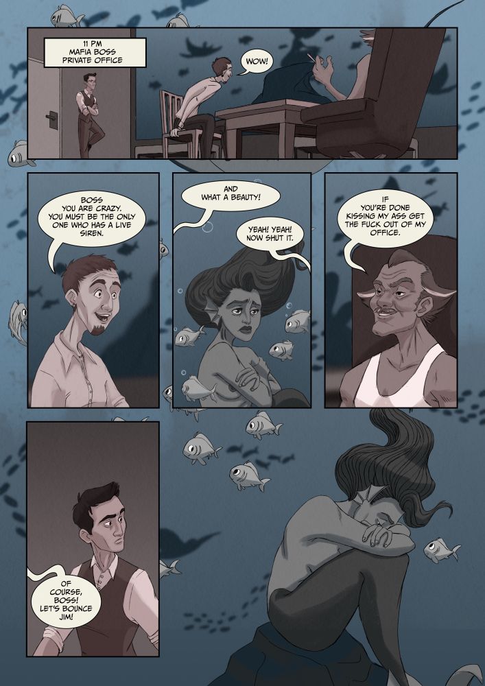 A mafia boss is getting praised by his underlings for having captured a mermaid. 
