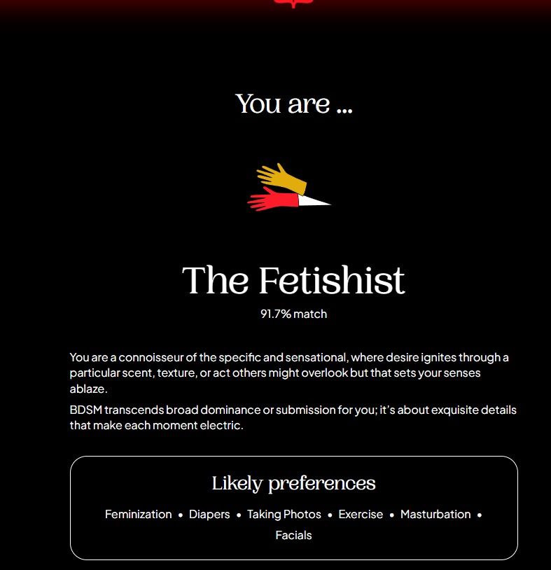 Results of a BDSM test, showing a 91.7% match with fetishist