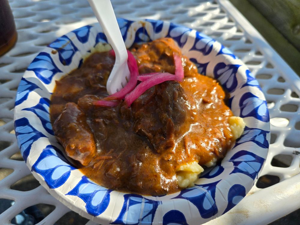 A bowl of beef covered with a paprika filled gravy over free formed egg noodles