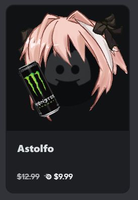 Discord Nitro avatar store page of Astolfo from Fate, with Astolfo's hair and ribbons, and a can of Monster Energy drink in the corner of the icon