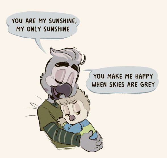 Based on that post, I drew a comic using my Beaksloose Baby AU. Mark is holding a young Axle to his chest and singing the first two lines of "You Are My Sunshine".
Mark looks visibly older with white streaks in his hair and wrinkles around his eyes. He is wearing an olive green v-neck tee shirt with a long sleeved dark green striped shirt underneath. Axle is wearing a long sleeved light blue shirt with a broad light green band across the middle, and purple-ish blue pants.