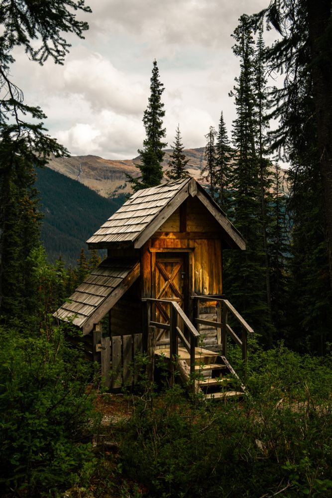 Old wooden structure in a forest in front of a mountain range.