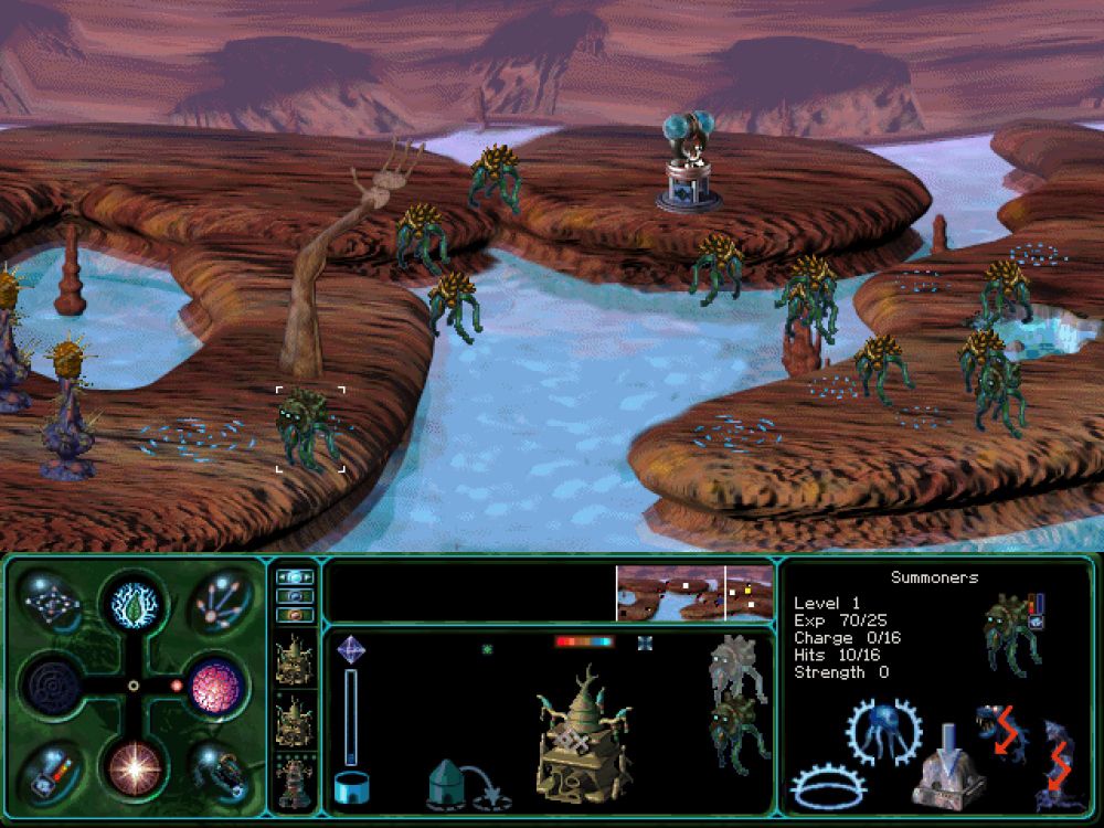 A rocky desert landscape, flooded with an effervescent blue liquid. Aliens float around the landscape. On the left side, a large arm appears to be reaching out of the ground.