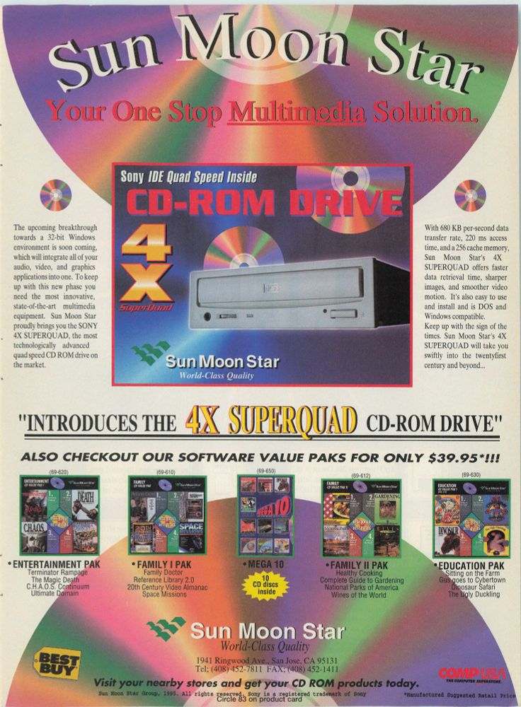 An ad for "Sun Moon Star, Your One Stop Multimedia Solution," from the May 1995 issue of Multimedia World.