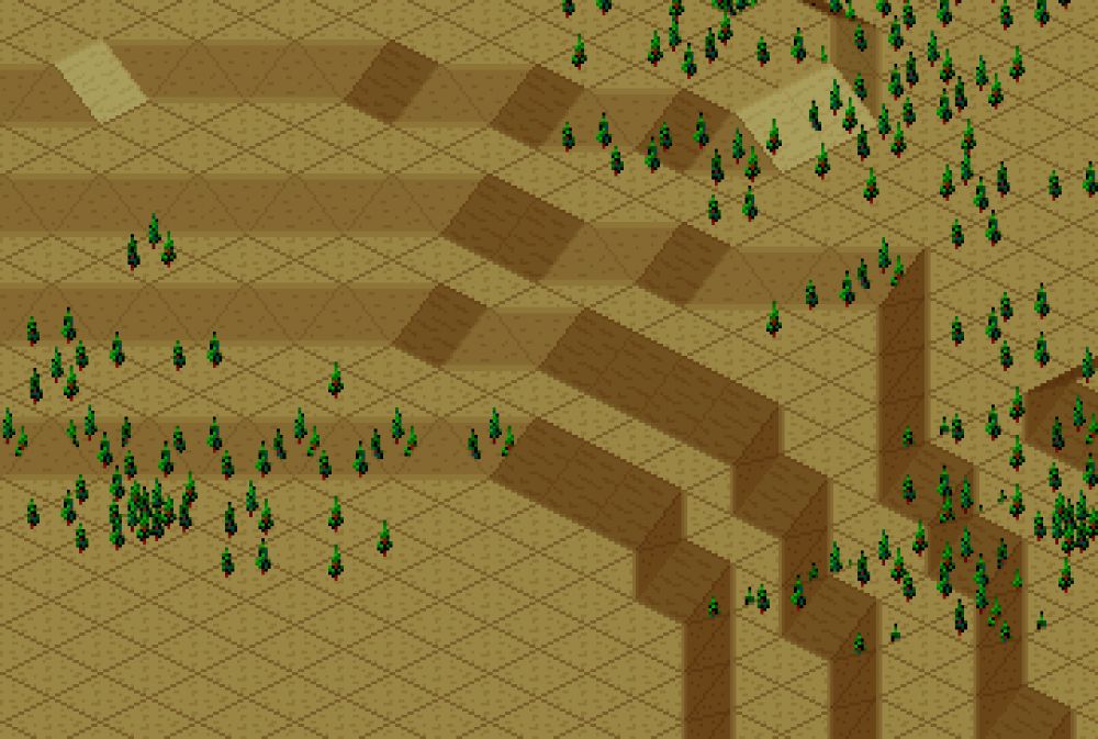 The barren brown hills of SimCity 2000, dotted with random trees.
