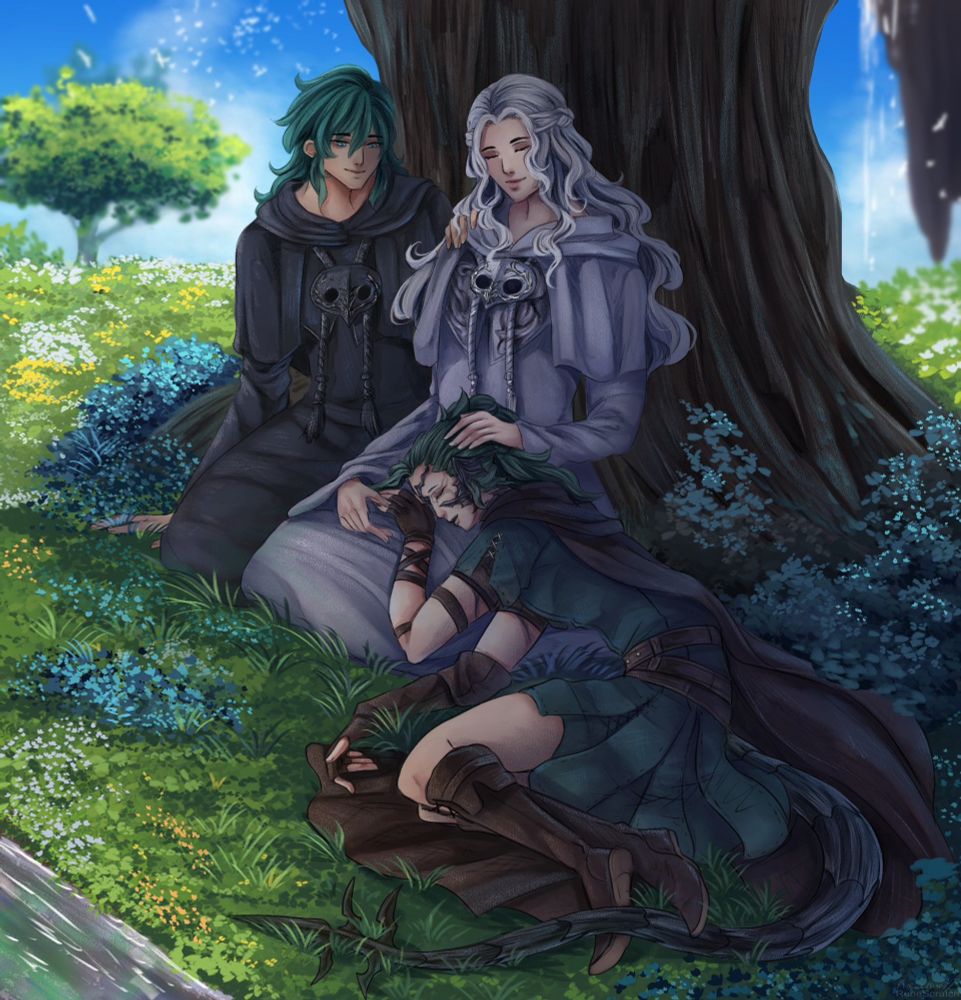 My au ra Warrior of Light, Kynleana Ironhide, rests soundly in Elpis with her head on Venat's lap while Azem gazes softly over the two of them. Their brave little spark from the future.