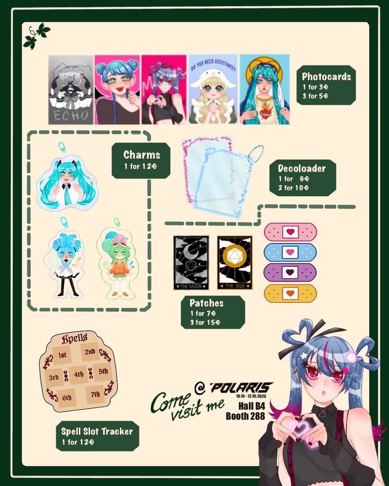 Collection of various merch designed by me.

Mini prints (photocards) are 3€ each or 2 for 5€.
Acrylic Charms are 12€ each.
Patches are 7€ each or 3 for 15€.
Wooden Spell Slot Tracker is 12€ for each.