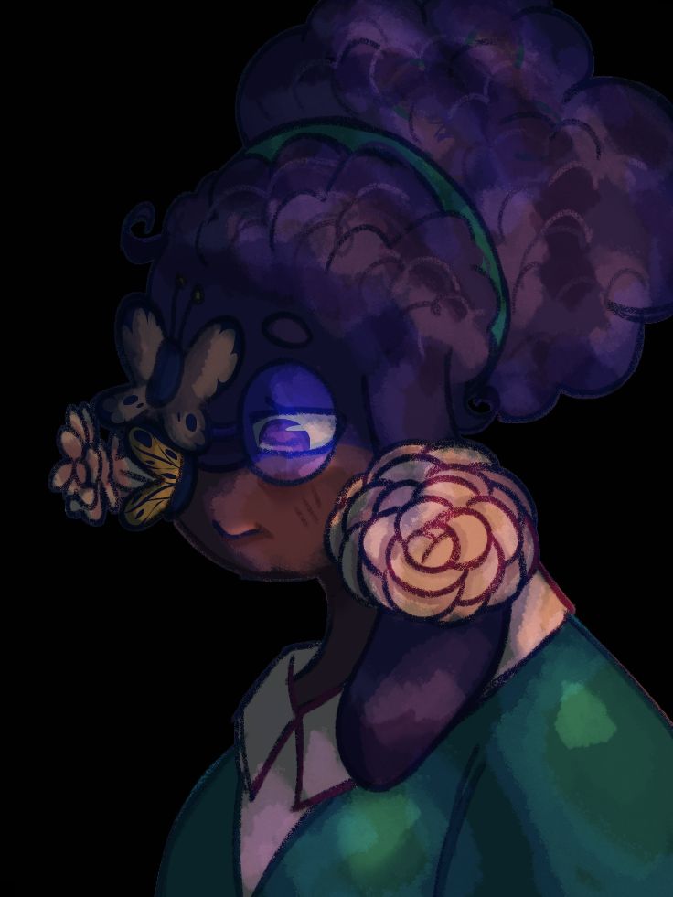Painting of my self sona Biskit looking down off screen with flowers and butterflies covering one eye