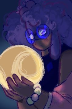 Painting of Biskit holding the moon and looking at the viewer 