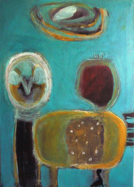 Zwei unreale Figuren auf türkisem Hintergrund. 
Acrylbild auf Leinwand.