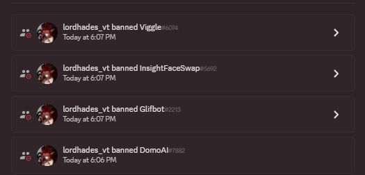 Inage shows Hades banning all of the DomoAI bots from his servers.