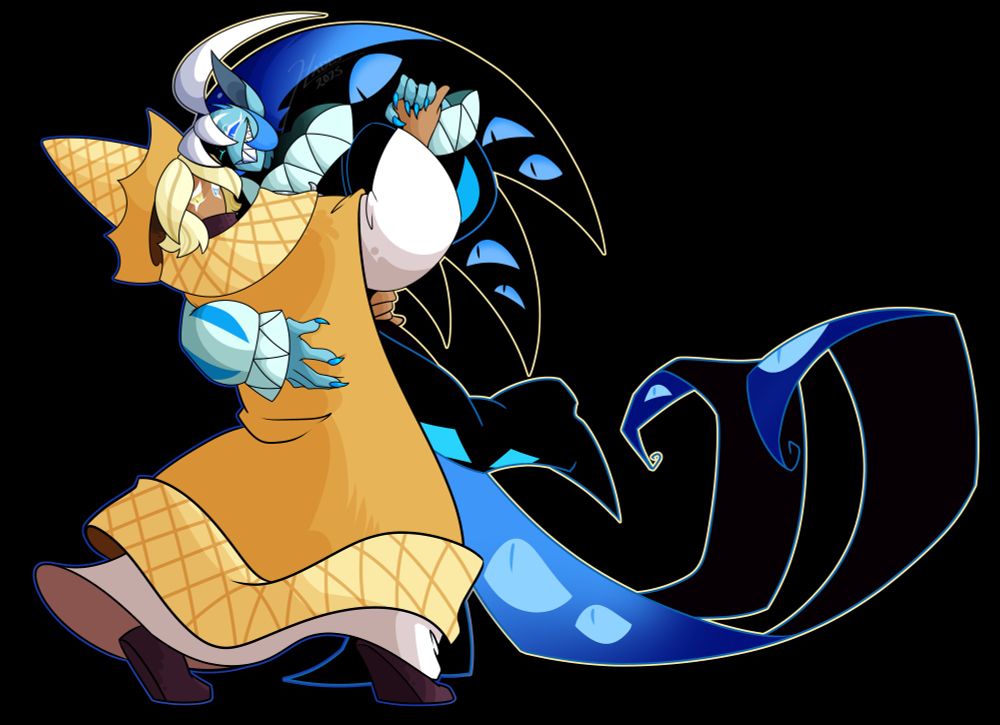 Shadow Milk Cookie is leading a waltz while pulling Pure Vanilla Cookie alongside him.

Both characters are from the gacha game, Cookie Run Kingdom.