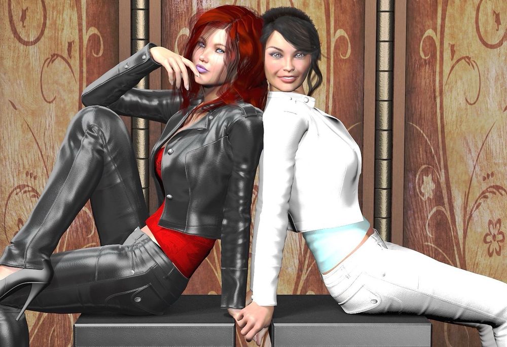 Two women posing for a fashion shot, back to back.