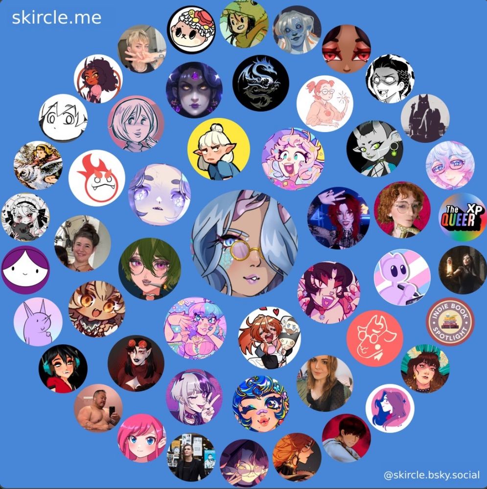 Skircle for new month. Bluesky profile picture for Sapphish (blue-haired anime fishgirl) surrounded by smaller Bluesky profile pictures.