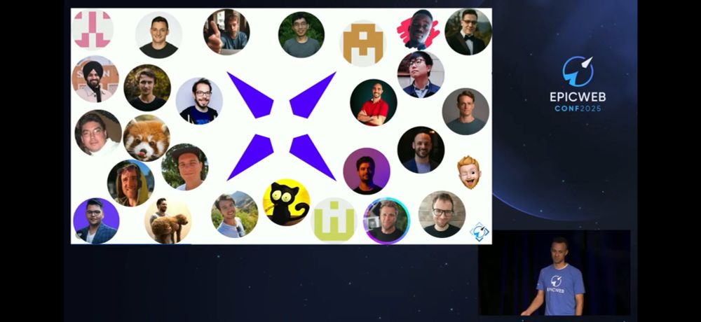 The image is a slide from a presentation at “EpicWeb Conf 2025.” The slide features a collage of profile pictures, avatars, and icons arranged in a circular pattern around a central purple geometric logo. The right side of the slide displays the “EpicWeb Conf 2025” logo on a dark background. A presenter, wearing a blue “EpicWeb” t-shirt, stands on the right side of the image, delivering a talk.