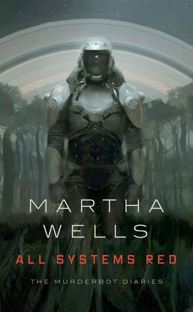 Murderbot stands front and center on the cover, in full armor and its visor opaqued. A landscape of tall skinny trees is in the backround, with a starry sky above. The sky is also prominently decorated with a ringed meteor belt positioned in an arc above the tree canopy like a rainbow. The colors are all in white, grays, and gray-greens. The book title is in red. 