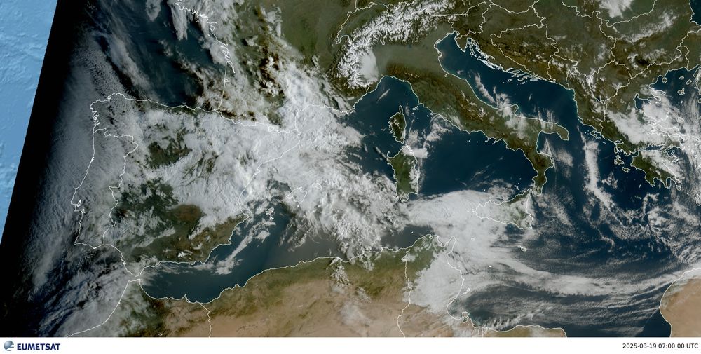 Image satellite en vraies couleurs montrant la Méditerranée Ouest ce mercredi 19 mars 2025