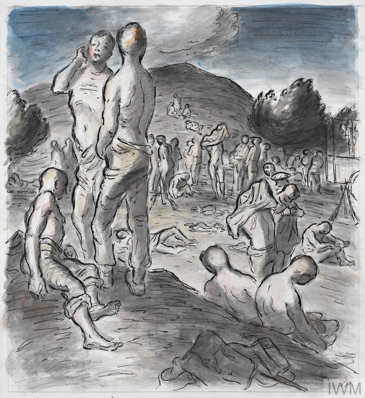 Men stand or sit in a hilly landscape, changing their clothes. Many are tired.
