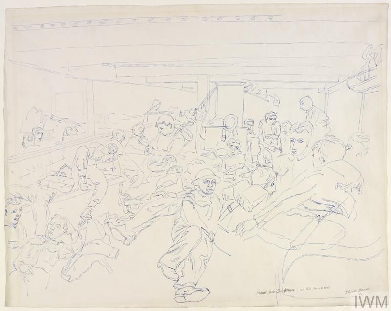 Men sprawl below decks on a ship.