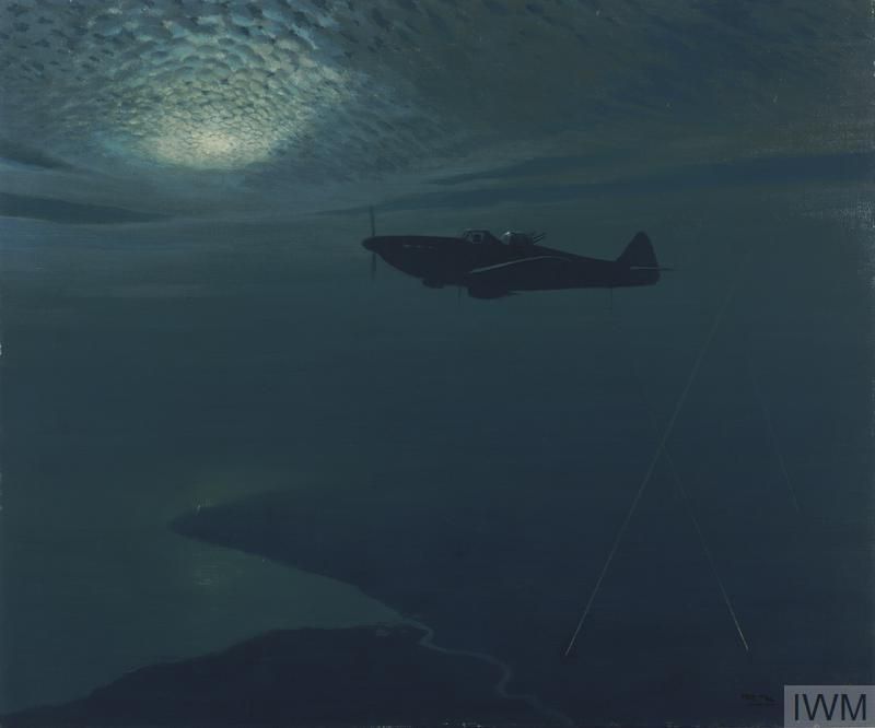 A Boulton Paul Defiant aircraft flies at night above the coast, in strong moonlight.