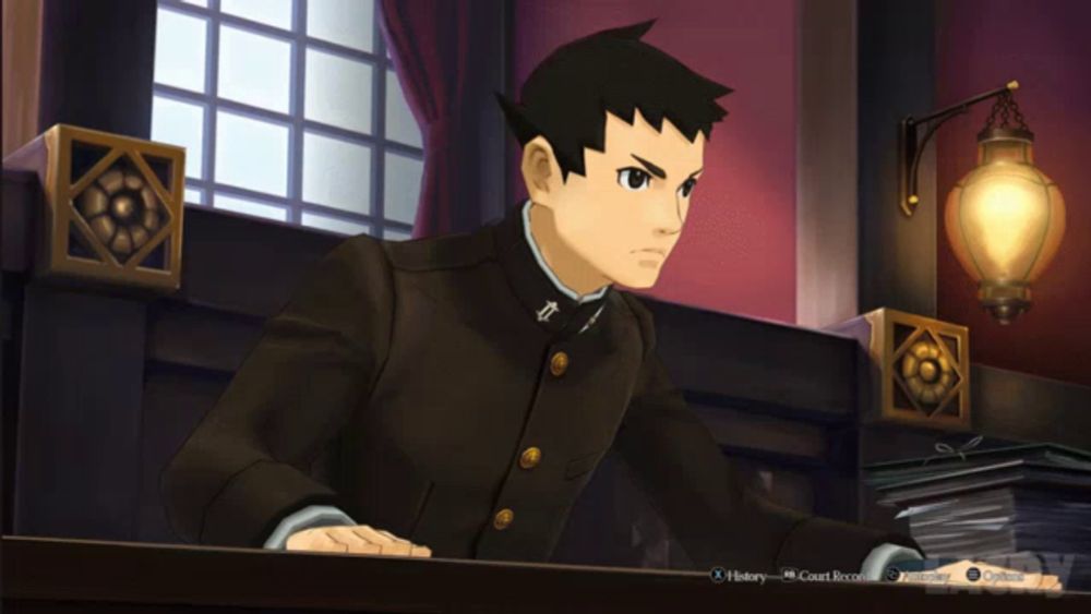 a video game shows a man sitting at a desk with the buttons history and court recorder visible