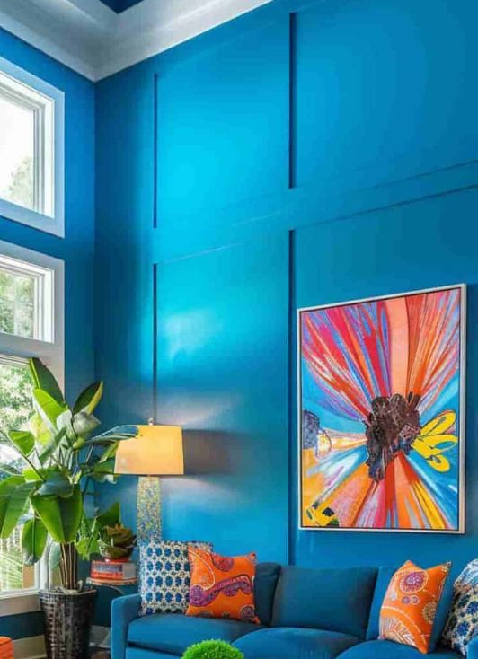 A fairly generic living room with teal wall paint. 