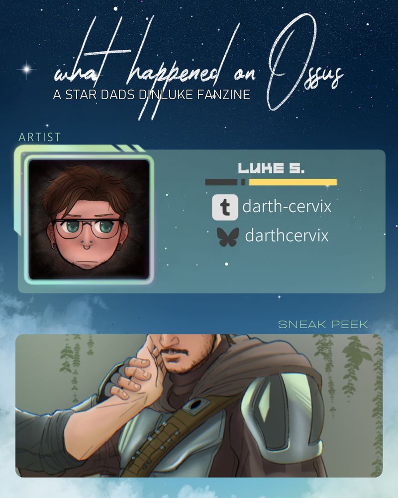 A visual containing the artist's name and a sneak peek of his art showcasing a close-up of Din Djarin in his armor getting his cheek cupped by Luke Skywalker.
Art by Luke S.