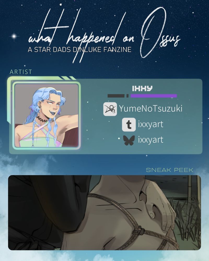 A visual containing the artist's name and a sneak peek of their art showcasing a snippet of Din Djarin’s naked torso bonded with ropes and Luke Skywalker’s hand gently resting over his shoulder.