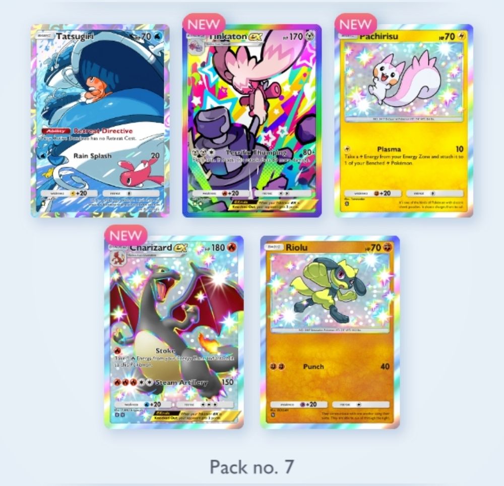 A screenshot of five pokemon cards from the shining revelery pack in pokemon tcg pocket. First row left to right there's a holographic tatsugiri art card, a rainbow holographic tinkaton ex art card, and a holographic shiny pachirisu card. The second row from left to right is as a holographic shiny Charizard ex art card and a holographic shiny riolu card.