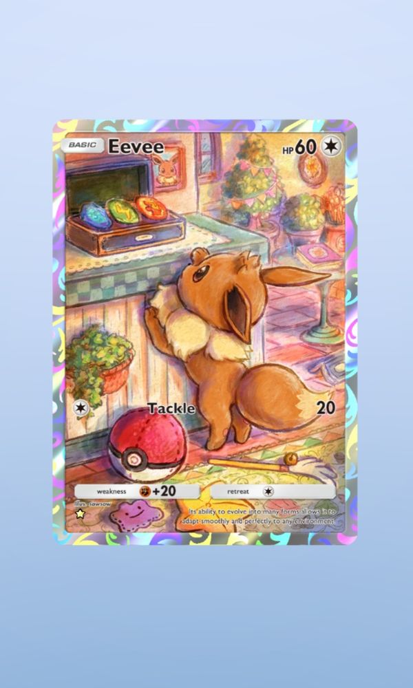 A holo art card of eevee from pokemon tcg pocket 