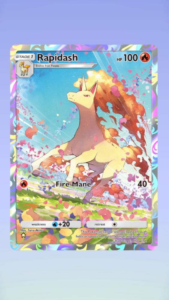 A screenshot of a holographic art card of the pokemon Rapidash from pokemon tcg pocket 
